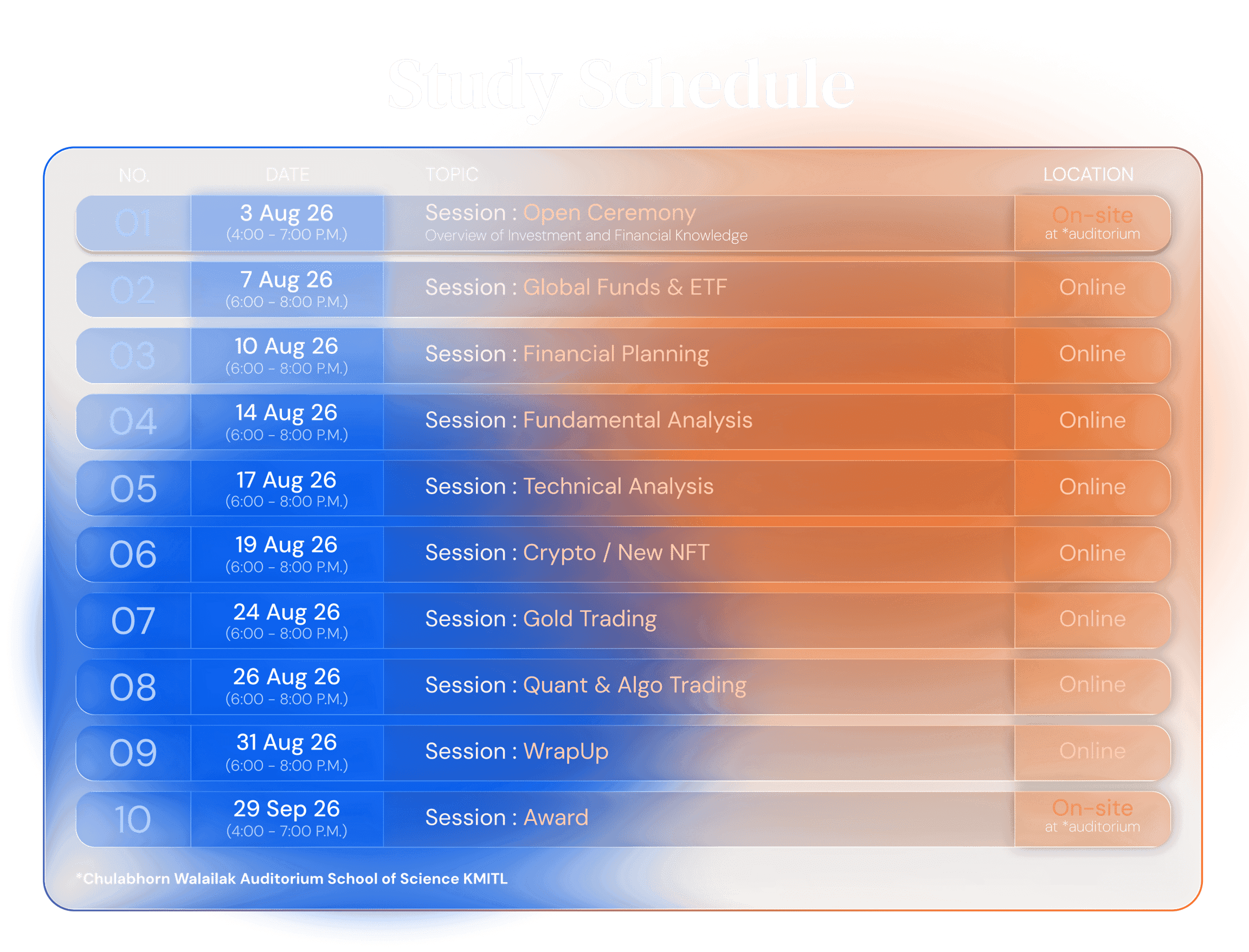 Study Schedule — ตารางเรียนโครงการ Professional Investor Development Program